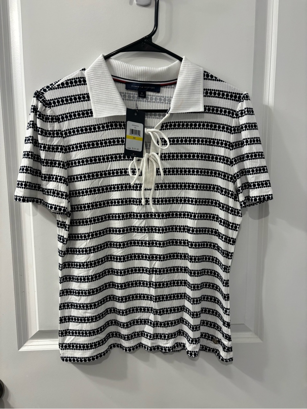 Tommy Hilfiger Black & White Striped Polo Knit Shirt NWT medium